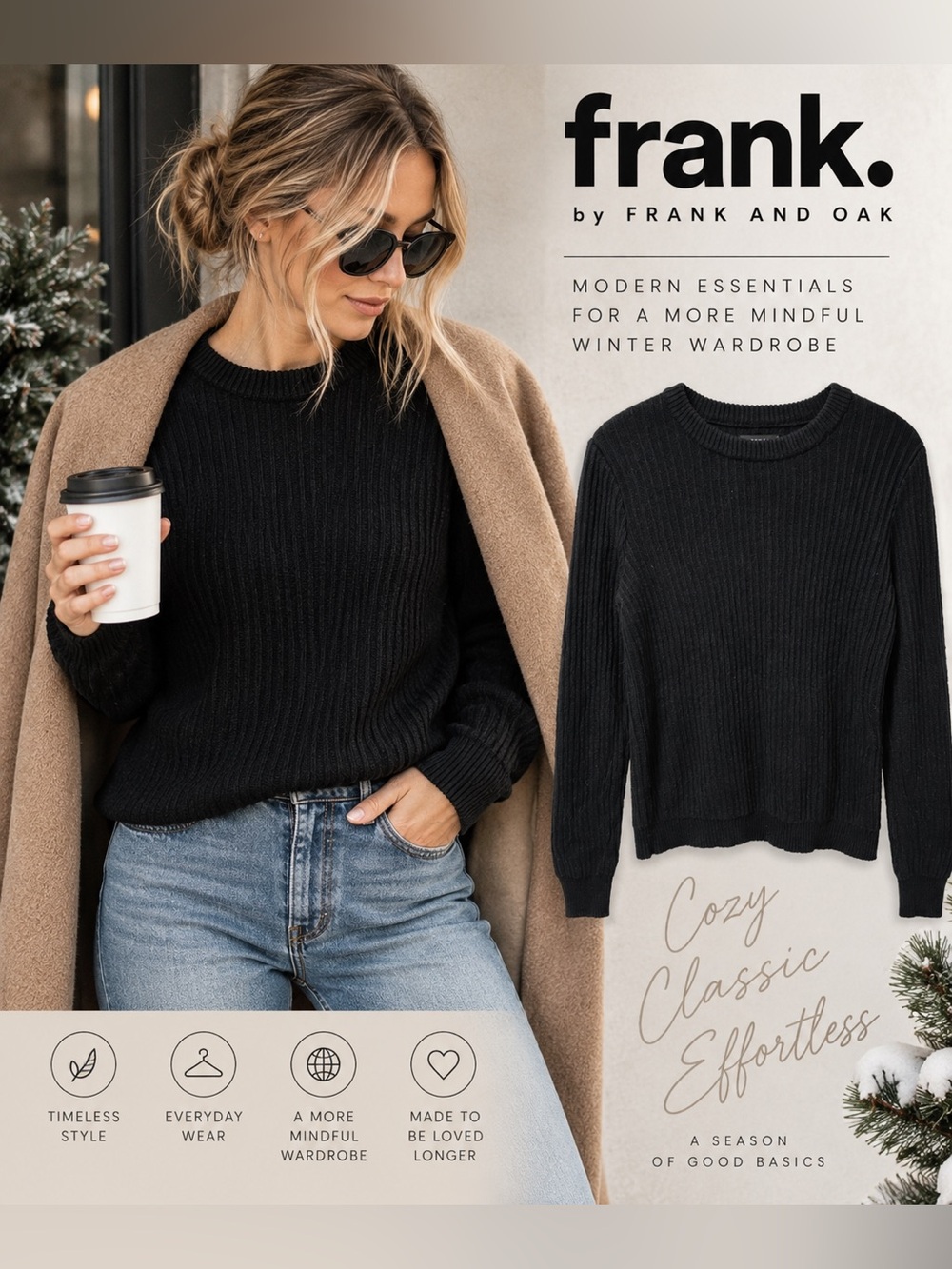 Frank & Oak | Black | Small | Ribbed |Crewneck Sweater | 100% Cotton